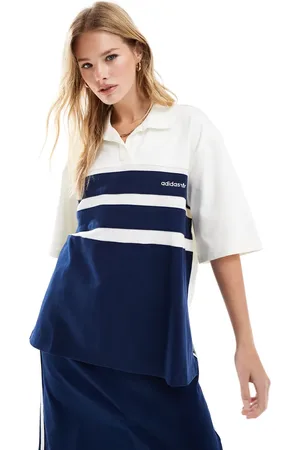 adidas Polo top in off white and indigo stripe