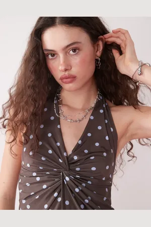 COLLUSION Polka dot halter top in brown