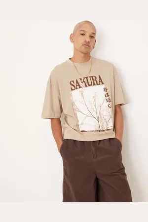 ASOS Boxy oversized t-shirt with front graphic in beige