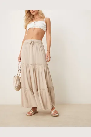 VILA Tiered boho maxi skirt in beige