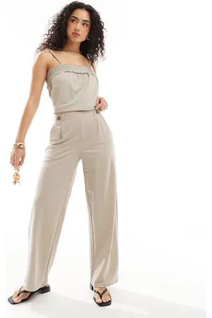 JDY High waisted crop wide fit trousers co-ord in beige