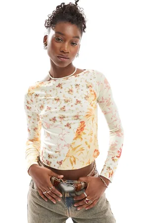 Reclaimed Slash neck mesh top in patchwork floral print