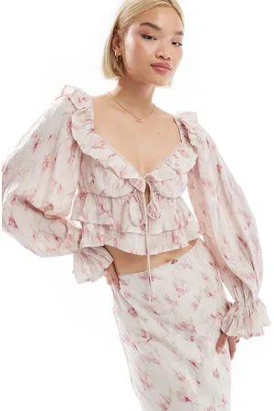 Love Triangle Crinkle frill crop top co-ord in blur print