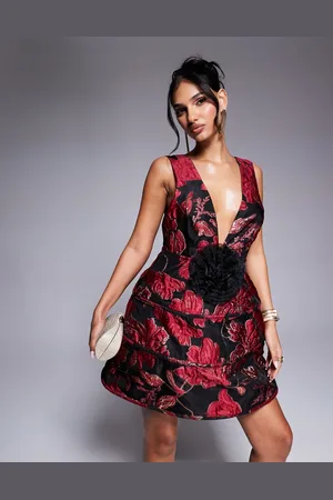 ASOS Jacquard plunge caged mini dress with corsage in Burgundy