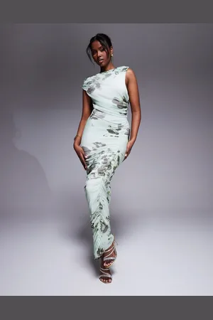 ASOS Mesh asymmetric neck off shoulder ruched maxi dress in green floral print