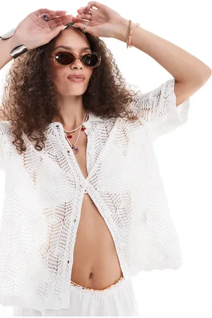 Monki Short sleeve button down crochet knit shirt in