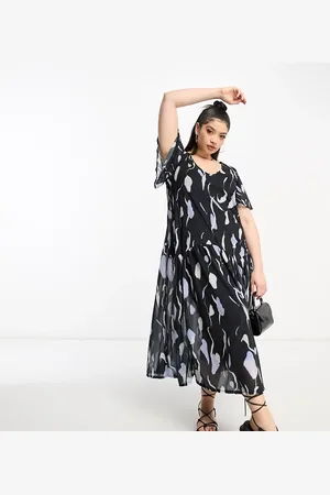 ASOS ASOS DESIGN Curve exclusive v neck chiffon smock midi dress in purple squiggle print