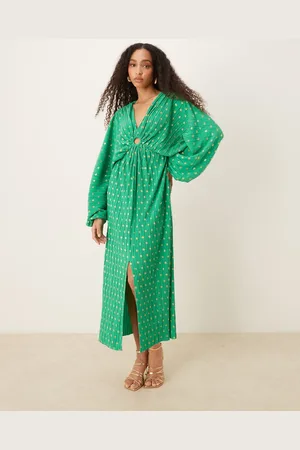 Y.A.S Foil spot plisse blouson sleeve maxi dress in