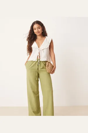 VILA Linen touch tie waist wide leg trouser in sage