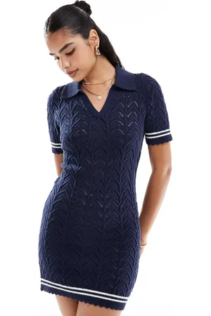 Miss Selfridge Crochet contrast polo collar mini dress in blue