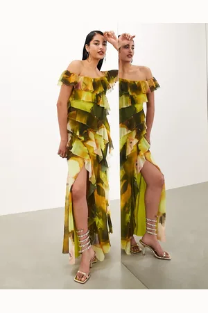 ASOS Chiffon bardot ultimate ruffle maxi dress in smudge green floral