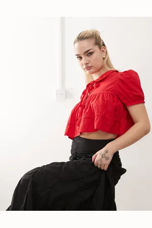 Monki Cotton poplin peplum tie shirt top with collar and front tie up detail in