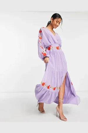 ASOS V neck batwing chiffon maxi dress with embroidery detail in lilac