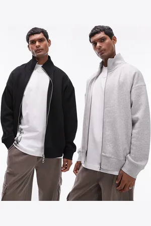 Topman Premium heavyweight 2 pack full zip funnel sweatshirt in grey marl and black