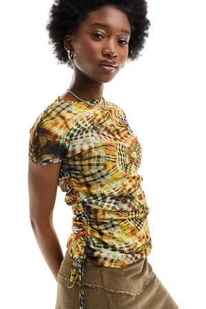 COLLUSION Abstract check cap sleeve cut out top in