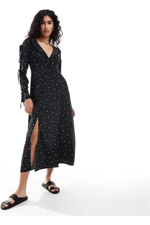 Miss Selfridge Collar tie front bow sleeve maxi dress in polka dot bow print