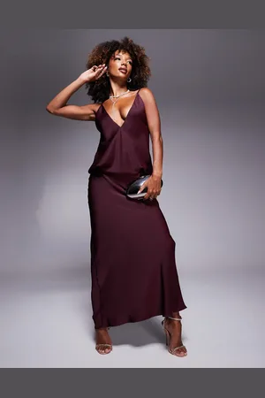 ASOS Satin plunge front strappy back maxi dress in burgundy