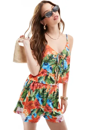 Miss Selfridge Tie front cami top in tropical print