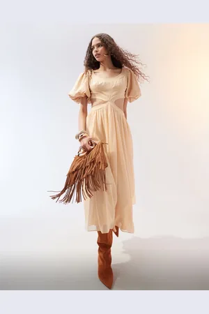 ASOS Twill & georgette mix blouson sleeve cut out midi dress in beige