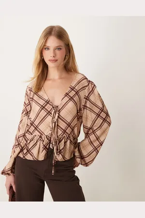 Miss Selfridge Check tie front long sleeve top