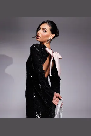 Kaiia Exclusive x Sasha Corte exclusive wide sleeve sequin contrast satin tie bow back mini dress in