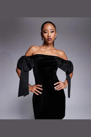 Kaiia Exclusive x Sasha Corte exclusive velvet bardot oversized bow detail mini dress in