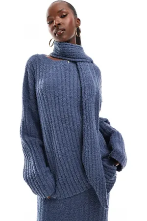 Kaiia Exclusive boucle knit oversized jumper with removeable scarf co-ord in blue