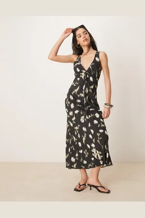ASOS V neck ruched tie midi dress in black based floral
