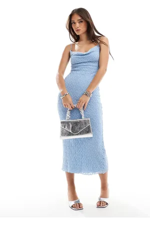 Bershka Cowl neck lace overlay maxi dress in baby
