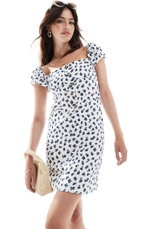 ASOS Square neck mini dress with puff sleeve and button front in white floral print