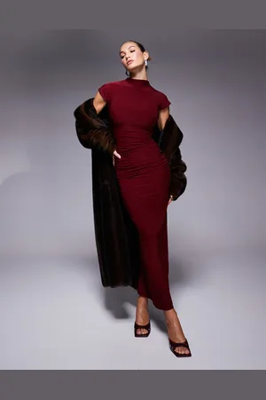 Kaiia Exclusive double layered slinky high neck cap sleeve bodycon maxi dress in burgundy