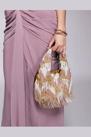True Decadence Bead embellished tassle shoulder bag in pink and gold