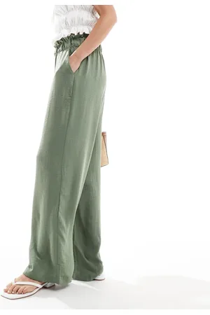 JDY Paperbag waist wide leg linen trousers in khaki