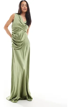 Six Stories Bridesmaid gathered overlay satin maxi dress in moss