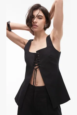 SNDYS Linen blend square neck lace up split front top co-ord in