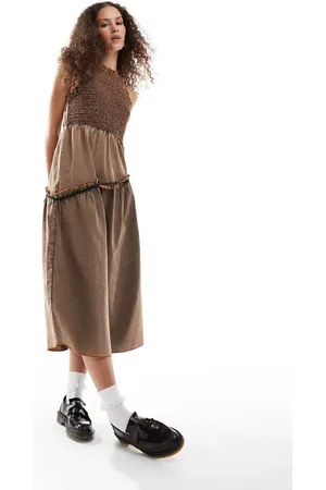 COLLUSION Shirred racer midi dress with contrast detail in washed brown