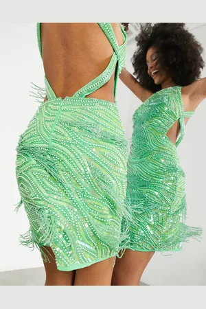 ASOS Pearl and fringe halter mini dress in apple