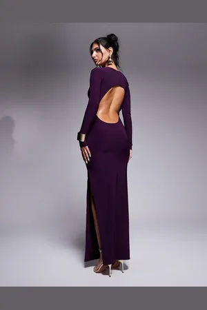 Kaiia Exclusive slinky long sleeve open back side split maxi dress in
