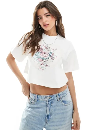 Miss Selfridge Wide crop vintage floral heart t-shirt in ecru