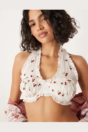 For Love & Lemons Beaded cherry bralette co-ord in white and red