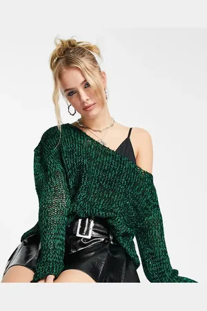 COLLUSION Knitted off the shoulder jumper in green and black yarn