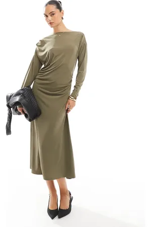 French Connection Slash neck slinky jersey midi dress in khaki