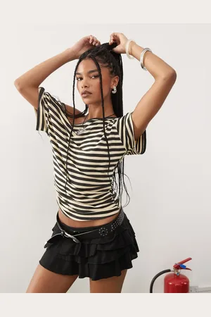 COLLUSION Off shoulder drapey top in yellow micro stripe