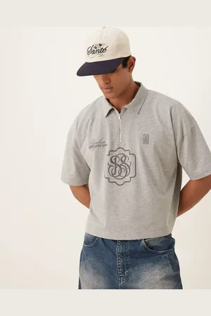 ASOS Cropped oversized polo in heavyweight 300gsm marl with logo embroidery