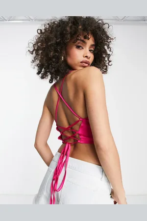 NaaNaa Cowl neck back detail satin crop top in fuschia
