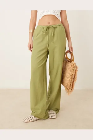 VILA Linen touch tie waist wide leg trouser in sage