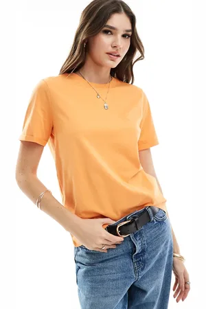 Pieces® Cotton t-shirt with fold up detail in orange