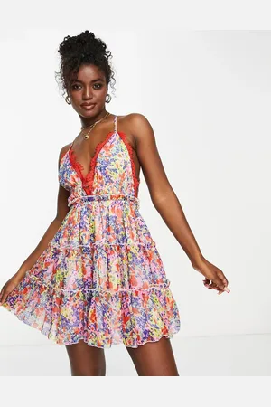 ASOS Button through tiered lace trim mini dress in floral print