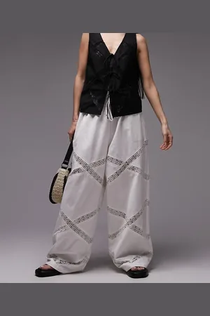 Topshop Linen lace insert elasticated wide leg trouser in