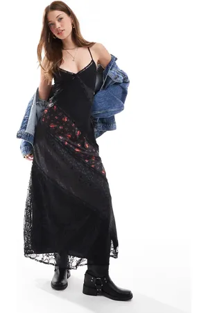 Miss Selfridge Satin jacquard lace mix maxi slip dress in rose print